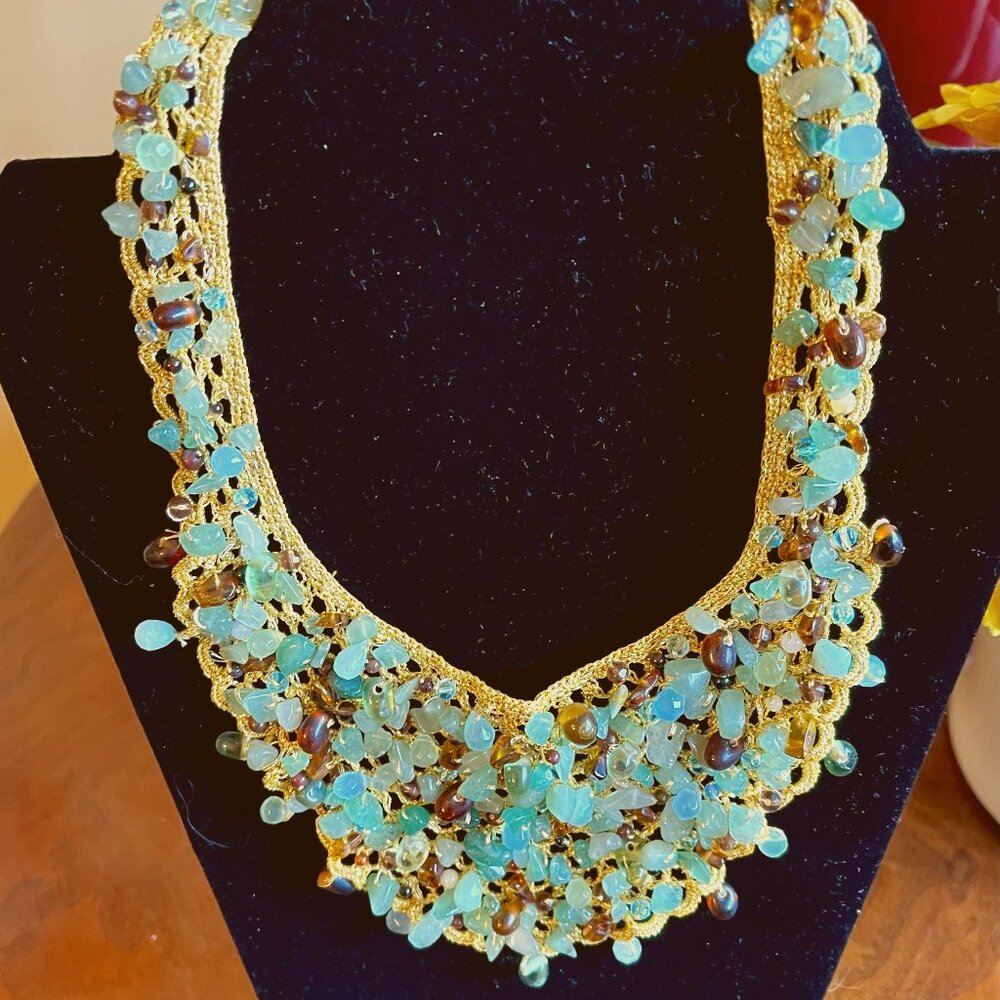 One of a kind Handmade crocheted necklace covered with semiprecious gem beads